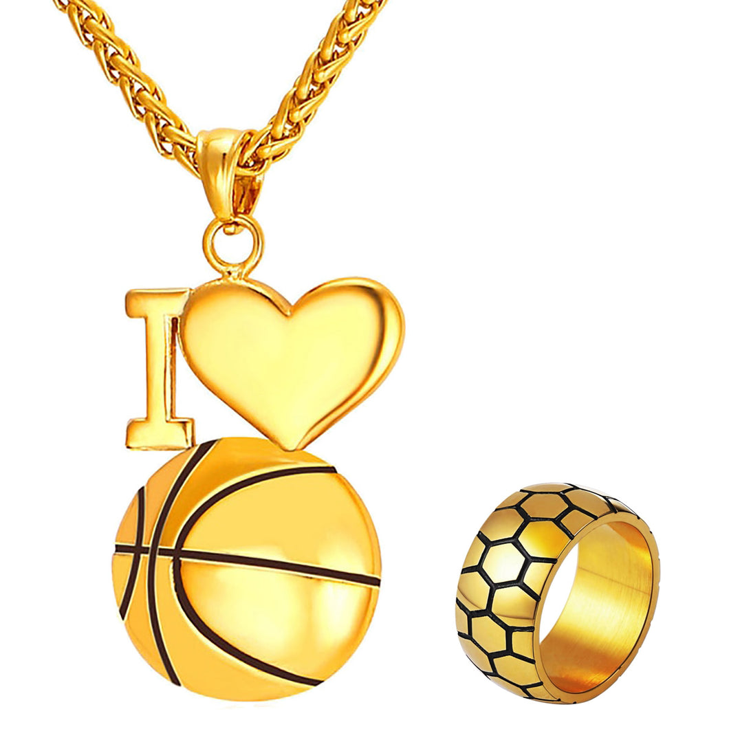 GUNGNEER Stainless Steel I Love Basketball Necklace Football Band Ring Sports Jewelry Set