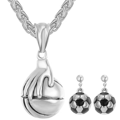 GUNGNEER Stainless Steel Basketball Necklace Soccer Ball Earrings Hip Hop Sports Jewelry Set
