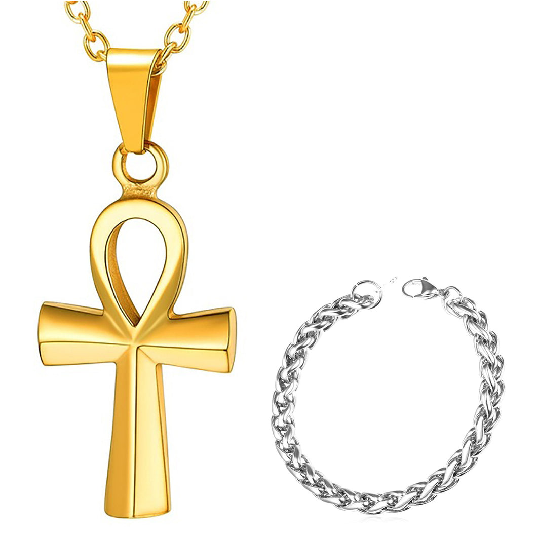 GUNGNEER Egyptian Ankh Crucifix Stainless Steel Necklace Link Chain Bracelet Jewelry Set