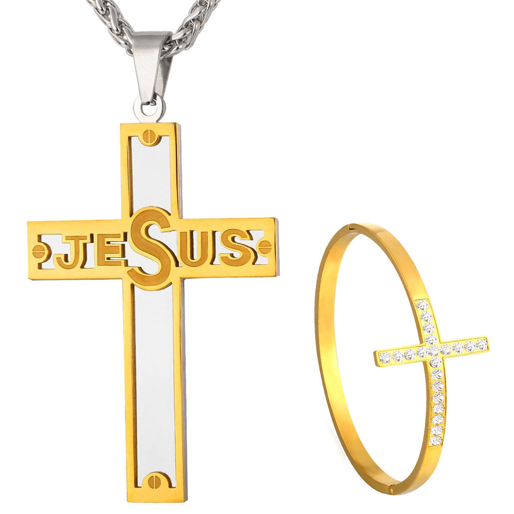 GUNGNEER Christian Necklace Stainless Steel Cross Jesus Bangle Bracelet Jewelry Set Men Women