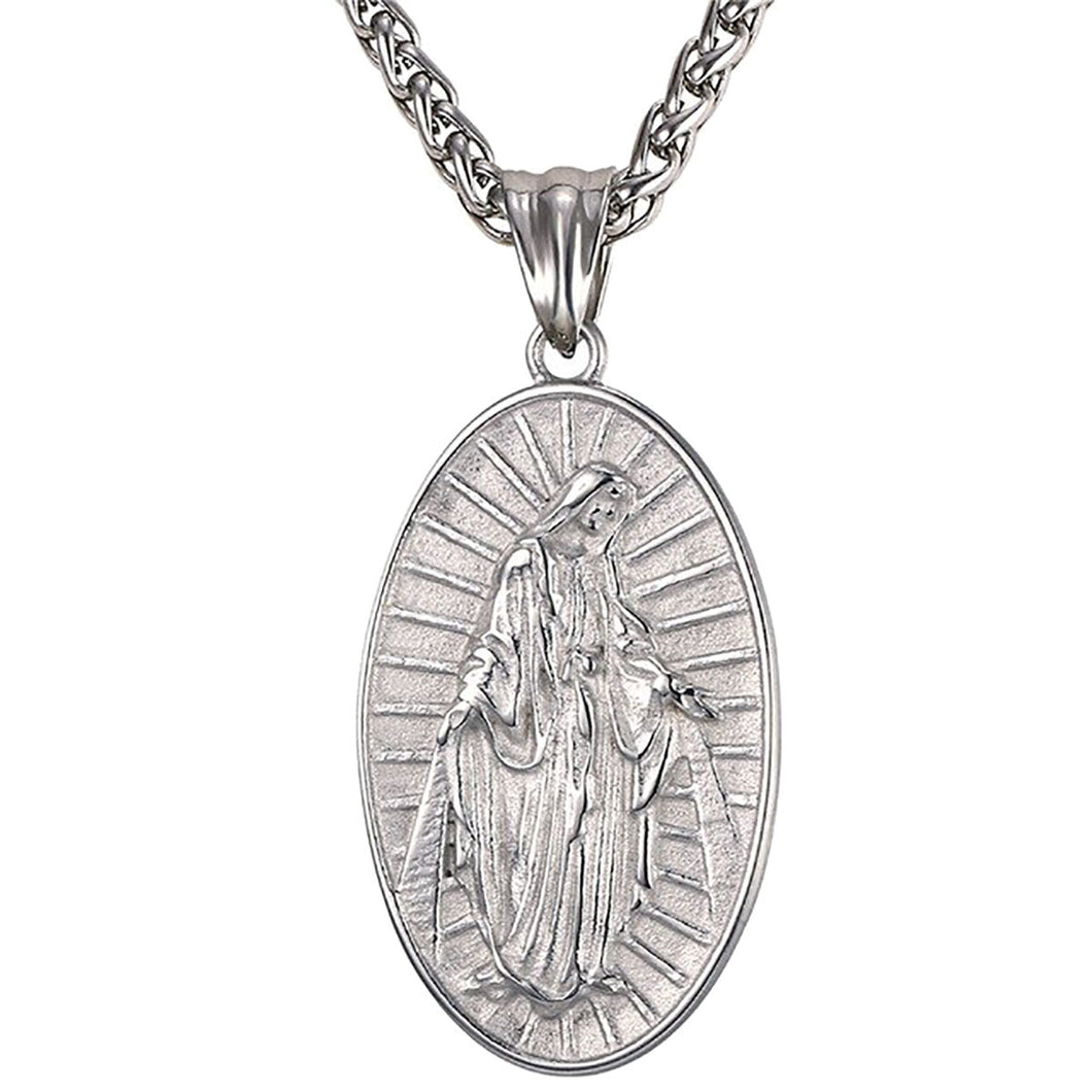 GUNGNEER Stainless Steel Vintage Religious Virgin Mary Pray Medal Pendant Necklace Jewelry