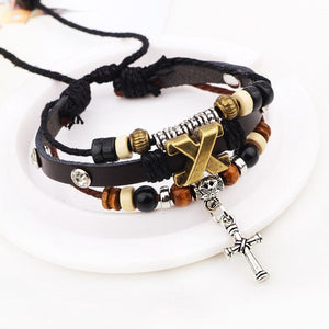 GUNGNEER Christian Cross Bracelet Leather Wooden Christ Jewelry Accessory For Men Women