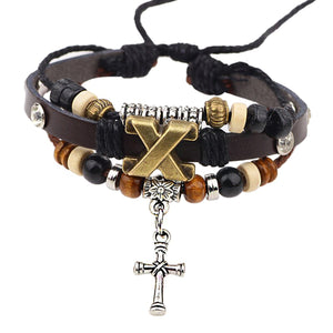 GUNGNEER Christian Cross Bracelet Leather Choker Necklace Wooden Christ Jewelry Accessory Set