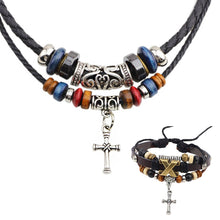 Load image into Gallery viewer, GUNGNEER Christian Cross Bracelet Leather Choker Necklace Wooden Christ Jewelry Accessory Set