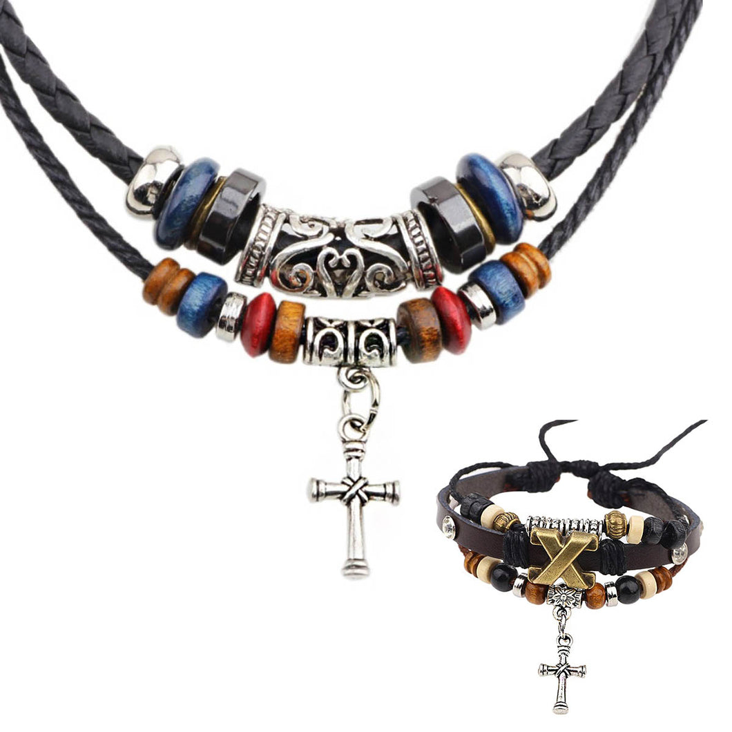 GUNGNEER Christian Cross Bracelet Leather Choker Necklace Wooden Christ Jewelry Accessory Set