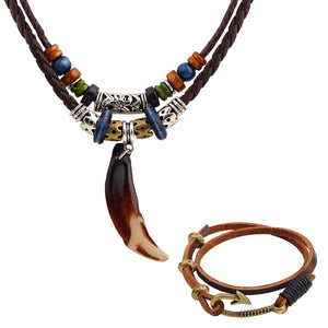 GUNGNEER Fish Hook Leather Bracelet National Wind Necklace Lucky Amulet Jewelry Accessory Set