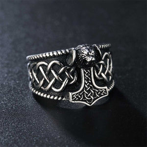 GUNGNEER 2 Pcs Stainless Steel Norse Viking Mjolnir Thor Hammer Valknut Runes Ring Jewelry Set