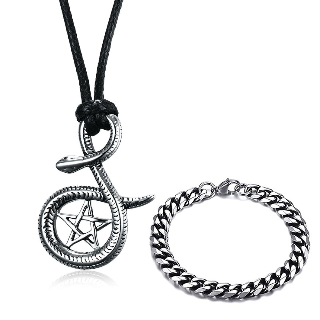 GUNGNEER Wicca Snake Pentagram Star Pentacle Pendant Necklace Cuban Link Bracelet Jewelry Set