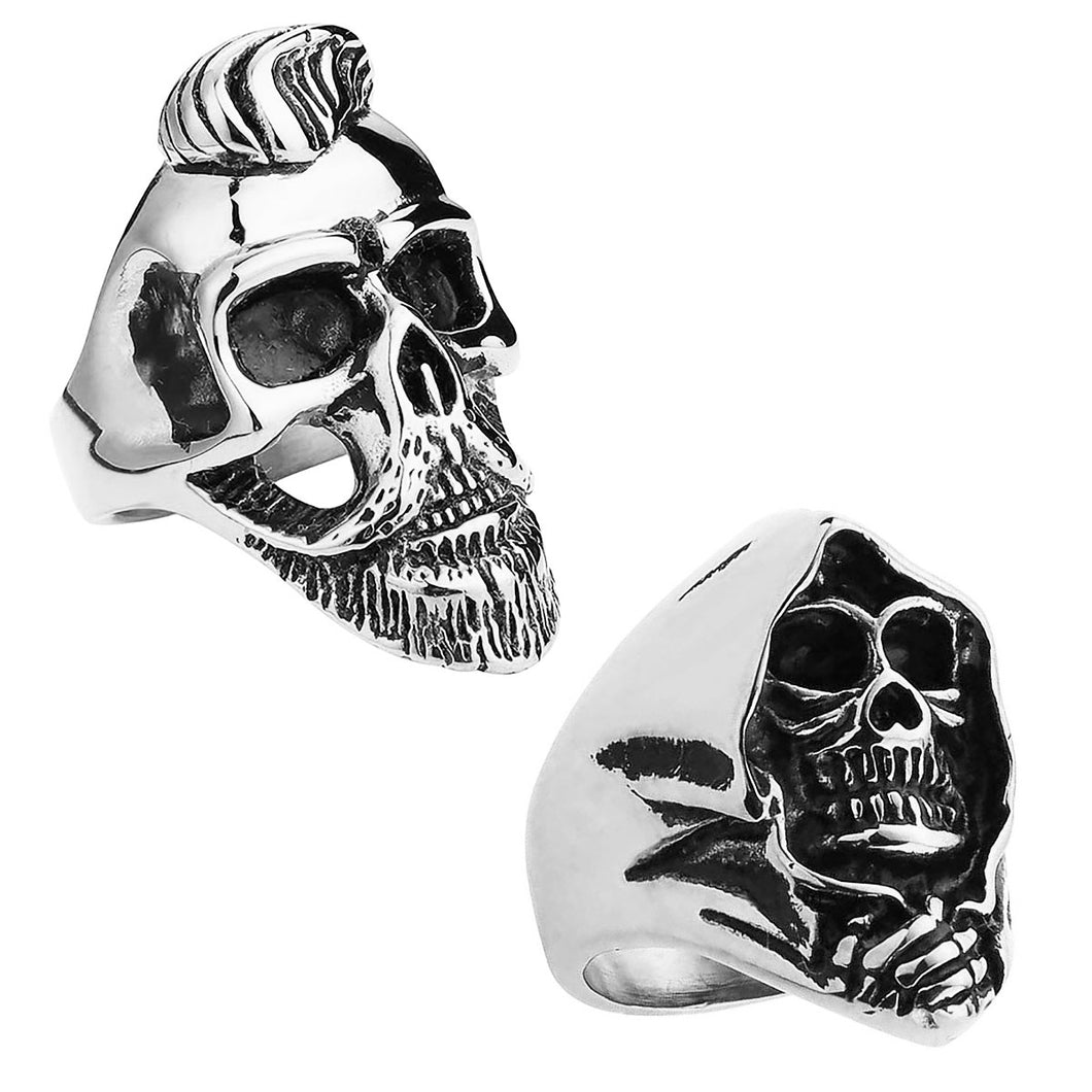 GUNGNEER 2 Pcs Gothic Skull Biker Ring Punk Skeleton Jewelry Accessories Set Men Women