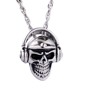 GUNGNEER Skull Headphone Skeleton Pendant Necklace Stainless Steel Gothic Punk Biker Jewelry