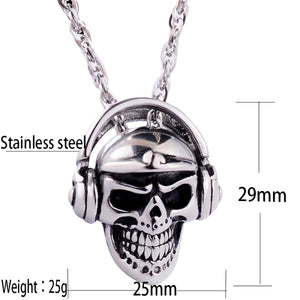 GUNGNEER Skull Headphone Skeleton Pendant Necklace Stainless Steel Gothic Punk Biker Jewelry