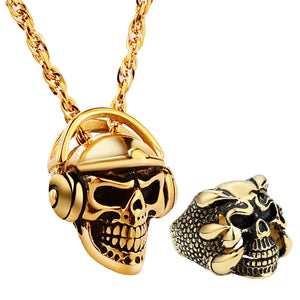 GUNGNEER Skull Skeleton Pendant Necklace Dragon Claw Ring Stainless Steel Biker Jewelry Set
