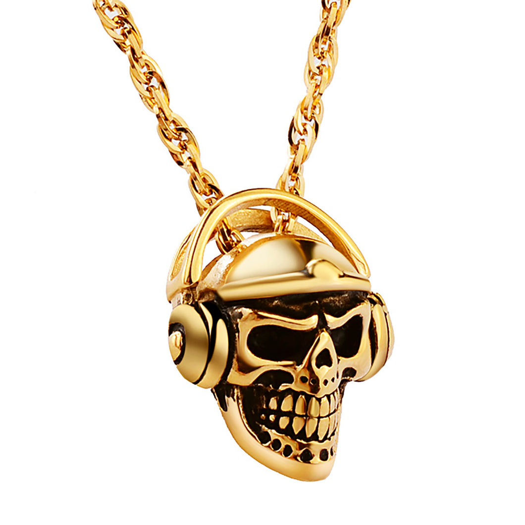 GUNGNEER Skull Headphone Skeleton Pendant Necklace Stainless Steel Gothic Punk Biker Jewelry
