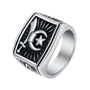 GUNGNEER Star Moon Muslim Ring Stainless Steel Quran Islamic Jewelry Accessory For Men