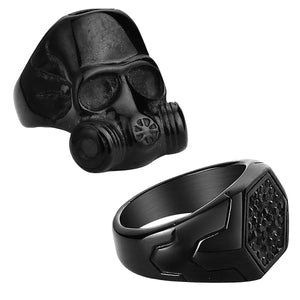 GUNGNEER 2 Pcs Skull Gothic Punk Alien Skull Gas Mask Signet Ring Stainless Steel Jewelry Set