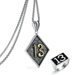 GUNGNEER Vintage Lucky Number 13 Pendant Necklace Ring Stainless Steel Punk Biker Jewelry Set
