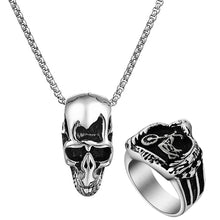 Load image into Gallery viewer, GUNGNEER Stainless Steel Motorcycle Biker Ring Skull Head Pendant Necklace Punk Men Jewelry Set
