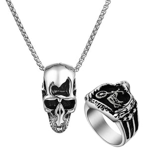 GUNGNEER Stainless Steel Motorcycle Biker Ring Skull Head Pendant Necklace Punk Men Jewelry Set