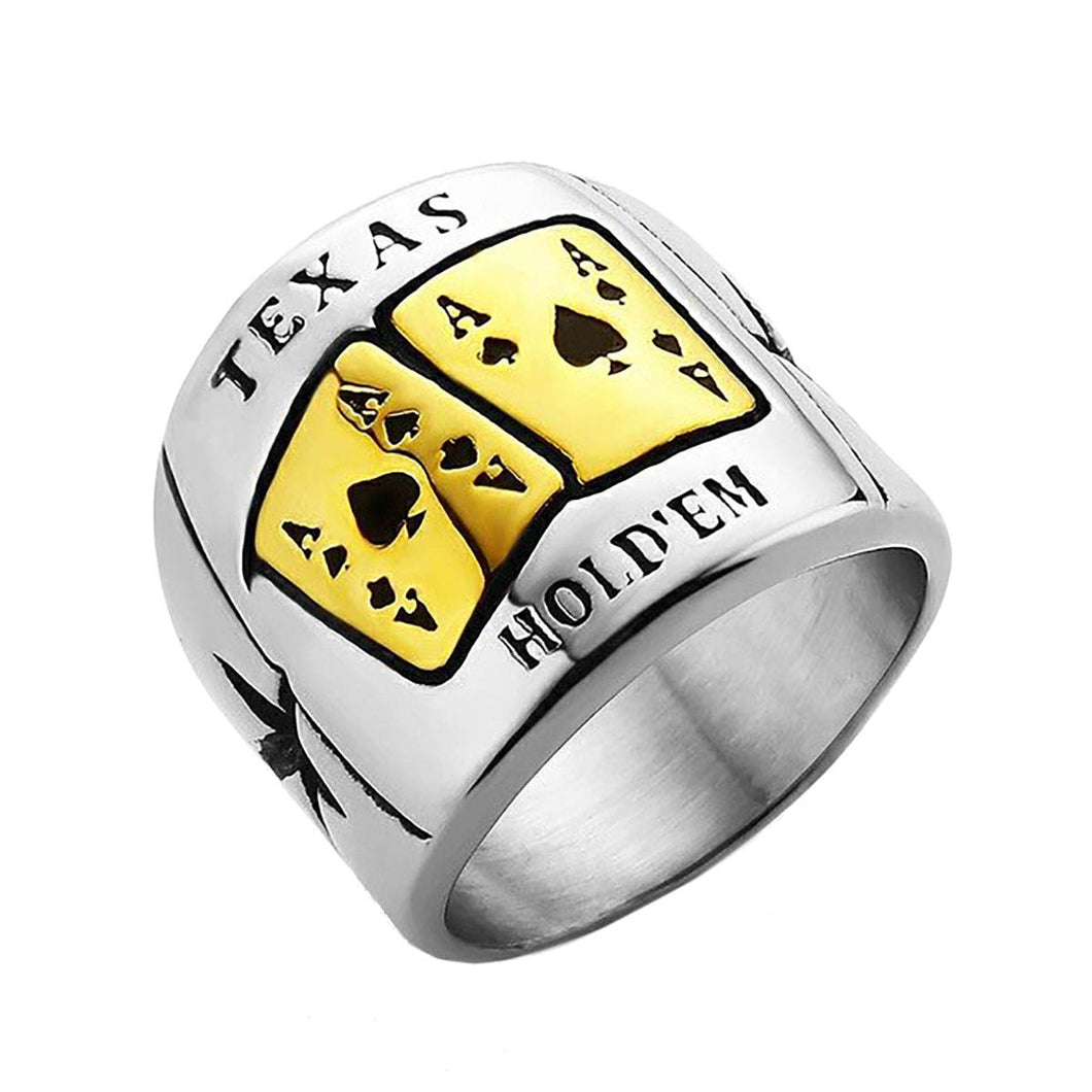GUNGNEER Stainless Steel Texas Hold'em Ace of Spade Signet Ring Casino Gambling Jewelry Men