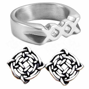 GUNGNEER Stainless Steel Celtic Irish Stud Earrings with Silvertone Ring Jewelry Accessories Set