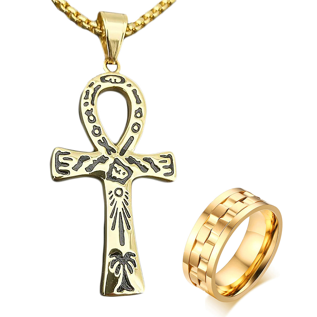 GUNGNEER Stainless Steel Egyptian Ankh Cross Chain Necklace Round Spinner Ring Jewelry Set