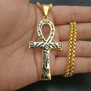 GUNGNEER Stainless Steel Egyptian Ankh Cross Chain Necklace Round Spinner Ring Jewelry Set