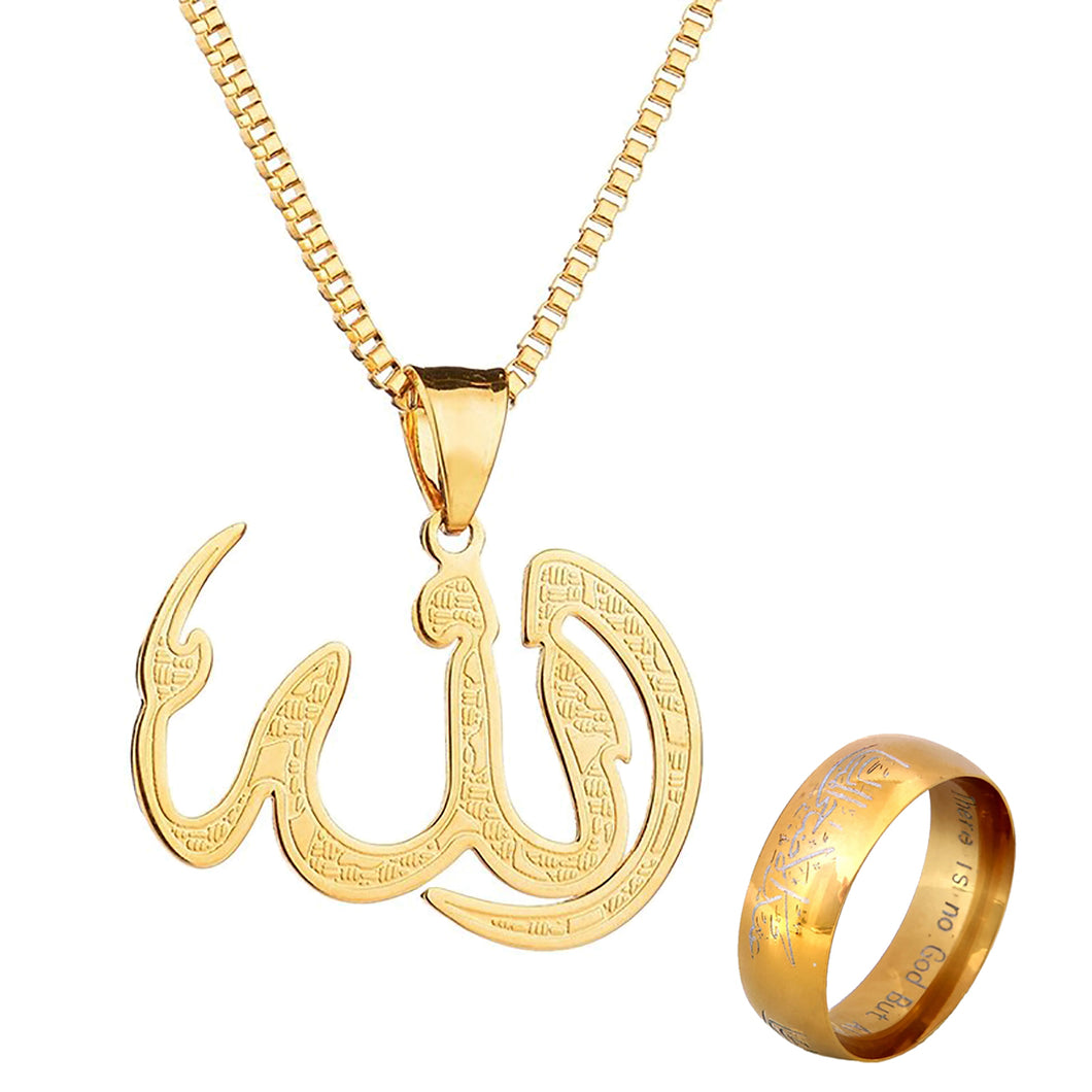 GUNGNEER Islamic Arabic Aqeeq Allah Necklace Allah Ring Stainless Steel Jewelry Set Men Women