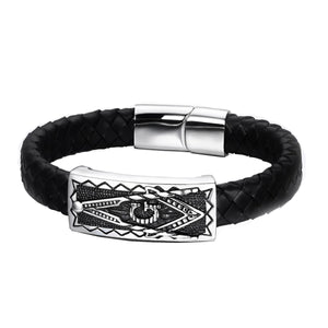 GUNGNEER Freemasons Bracelet Black Genuine Leather Masonic Symbol Magnetic Buckle For Men