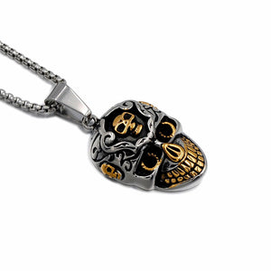 GUNGNEER Stainless Steel Sugar Floral Skull Skeleton Pendant Necklace Biker Jewelry Men Women