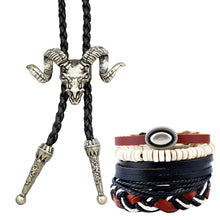 Load image into Gallery viewer, GUNGNEER Satan Goat Skull Bolo Tie Leather Bracelet Satanic Jewelry Set Accessory