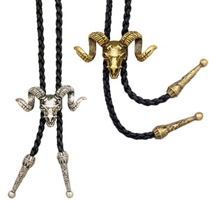GUNGNEER Satan Goat Skull Bolo Tie Leather Bracelet Satanic Jewelry Set Accessory