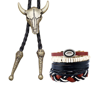 GUNGNEER Satan Goat Skull Bolo Tie Satanic Leather Bracelet Jewelry Set Accessory