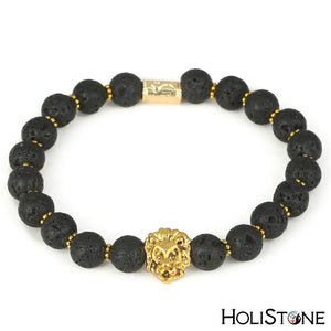 HoliStone Natural Lava Stone with Golden Lion Head Charm Bracelet for Women and Men ? Yoga Meditation Energy Healing and Balancing Bracelet