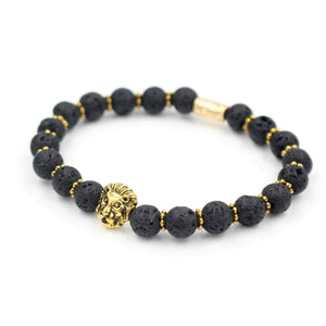 HoliStone Natural Lava Stone with Golden Lion Head Charm Bracelet for Women and Men ? Yoga Meditation Energy Healing and Balancing Bracelet