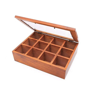 2TRIDENTS 12 Adjustable Chest Compartments Wooden Multifunctional Storage Box with Glass - Organizer Tray for Crafts,Flowers, Plants, Jewelry and More