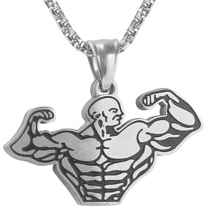 GUNGNEER Workout Strong Man Pendant Necklace Stainless Steel Fitness Gym Jewelry for Men Women