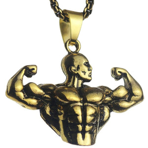 GUNGNEER Workout Strong Man Pendant Necklace Stainless Steel Fitness Gym Jewelry for Men Women