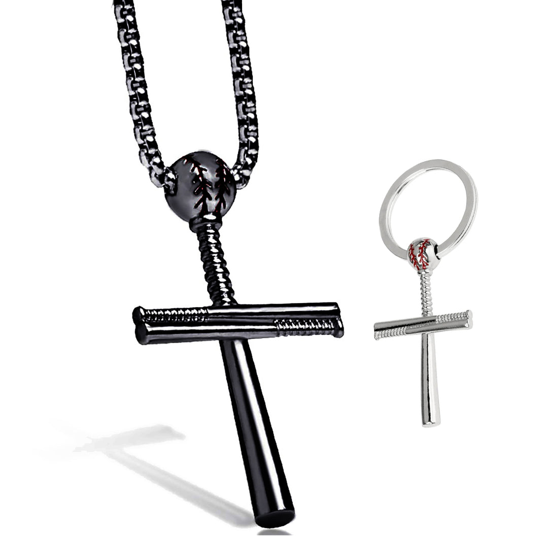 GUNGNEER Baseball Bat Cross Stainless Steel Pendant Necklace with Keychain Accessory Set