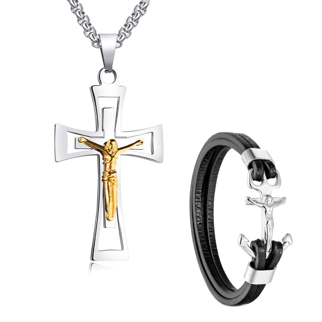 GUNGNEER Men Stainless Steel Multilayers Christian Cross Bracelet Chain Necklace Jewelry Set