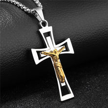 Load image into Gallery viewer, GUNGNEER Men Stainless Steel Multilayers Christian Cross Bracelet Chain Necklace Jewelry Set