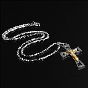 GUNGNEER Men Stainless Steel Multilayers Christian Cross Bracelet Chain Necklace Jewelry Set
