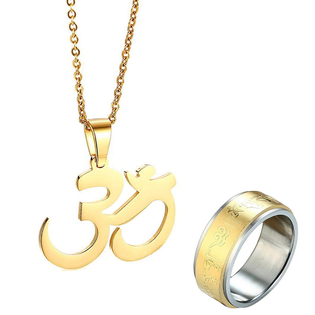 GUNGNEER Indian Yoga Om Pendant Spiritual Necklace Spinner Ring Jewelry Combo For Men Women