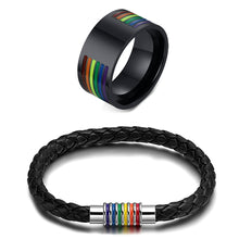 Load image into Gallery viewer, GUNGNEER LGBT Pride Bracelet Rope Chain Stainless Steel Gay Rainbow Ring Jewelry Set
