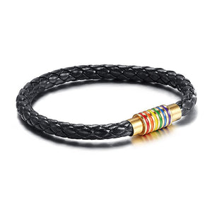 GUNGNEER LGBT Pride Bracelet Rope Chain Stainless Steel Gay Rainbow Ring Jewelry Set