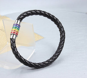 GUNGNEER LGBT Pride Bracelet Rope Chain Stainless Steel Gay Rainbow Ring Jewelry Set