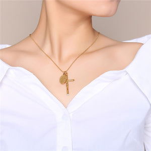 GUNGNEER Stainless Steel Virgin Mary Christian Cross Medal Pendant Necklace Jewelry Accessories