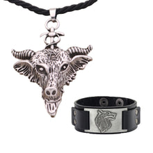 Load image into Gallery viewer, GUNGNEER Black Rope Chain Goat Head Baphomet Necklace Leather Bracelet Jewelry Set