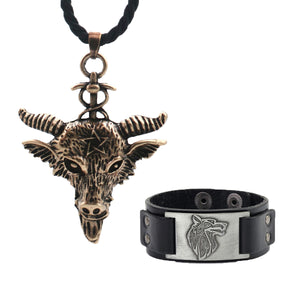 GUNGNEER Black Rope Chain Goat Head Baphomet Necklace Leather Bracelet Jewelry Set