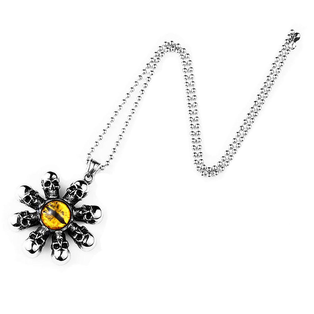 GUNGNEER Vintage Gothic Skull Yellow Evil Eye Pendant Necklace Stainless Steel Jewelry Men Women