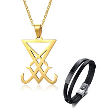 Load image into Gallery viewer, GUNGNEER Sigil Of Lucifer Necklace Stainless Steel Leather Bracelet Jewelry Set